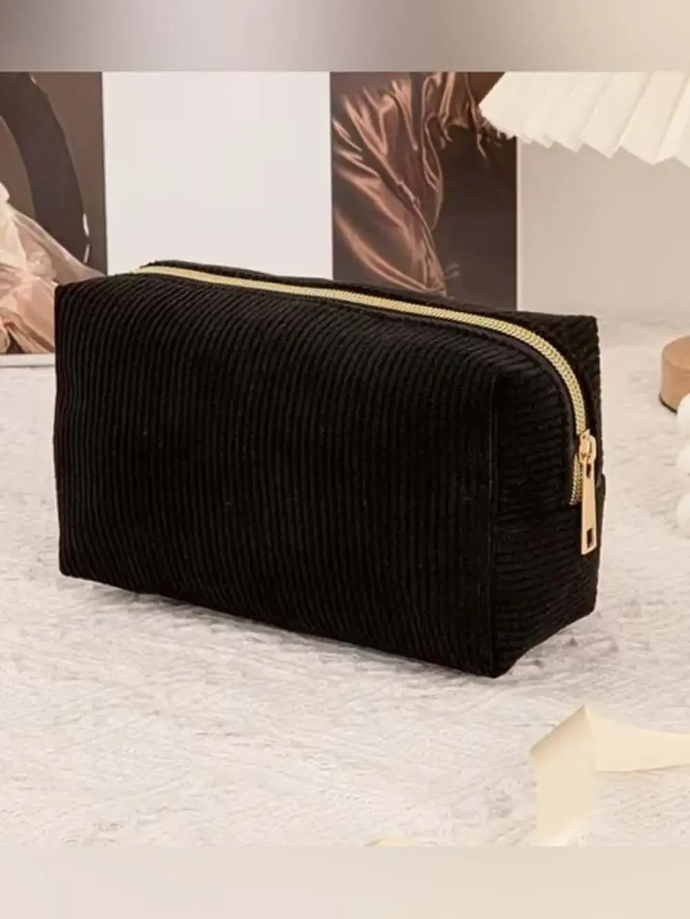 Classic Corduroy Wristlet Clutch - Elegant Black with Gold Zip